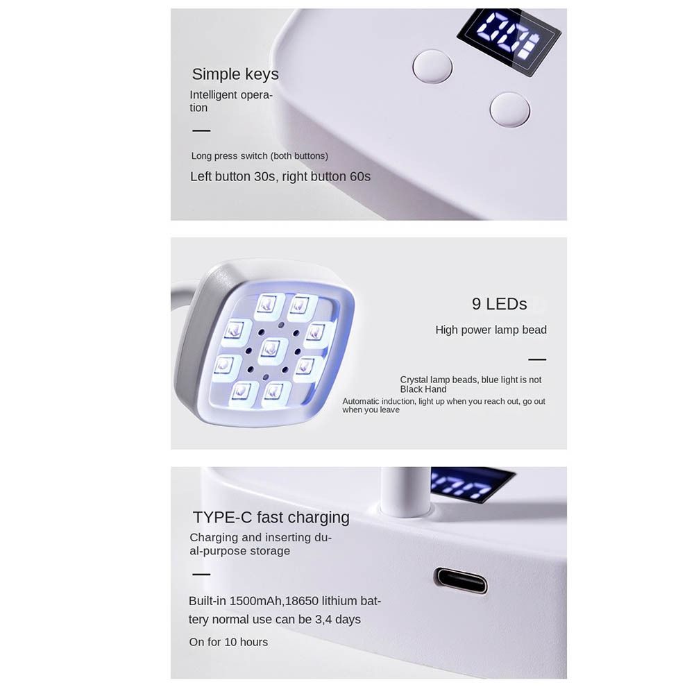 9LED Desktop Nail Lamp 360° Bendable Nail Dryer Light Automatic Sensing UV Curing Light  Gel Polish