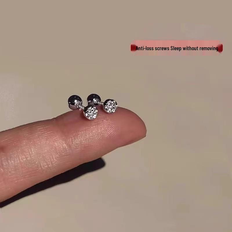 

925 Silver Micro-Pave Sparkly Round Ear Bone Studs, Screw-On Sleep-In, No-Remove, Mini Small for Women