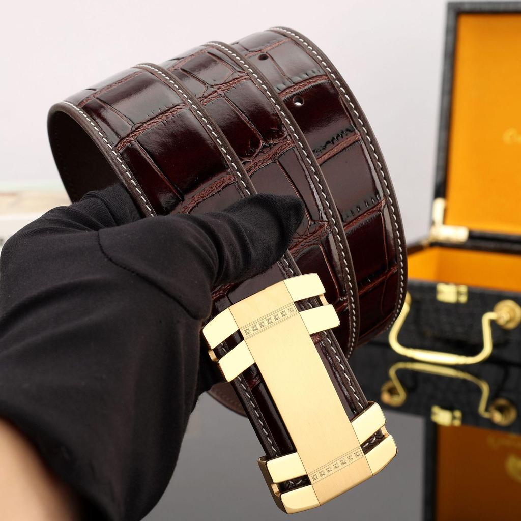 Men's Leather Belt with Crocodile Grain, 3.8 cm Wide Cowhide and Stainless Steel Smooth Plate Buckle