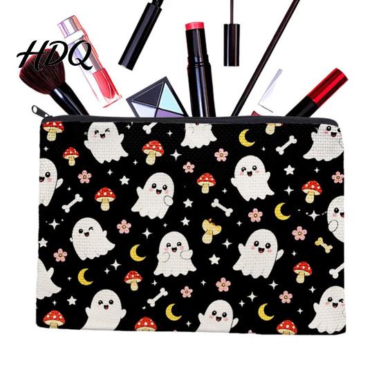 Anti Pilling Cosmetic Bag Bag Halloween Pattern Print Makeup Canvas Cute Daily Storage Zipper Pouch for Change Data Cable Washable Pencil Case