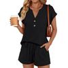 Women's Summer 2 Piece Outfit Notch Neck Button Detail Batwing Sleeve Top Drawstring Waist Pocket Shorts Set