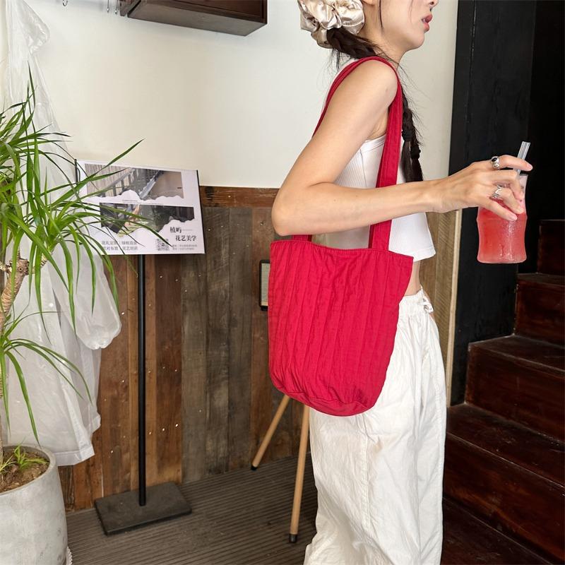 4 Bags Women's Shoulder Striped Pleats Solid Color Bucket Bag Niche Simple Portable Portable Shopping Bag Women