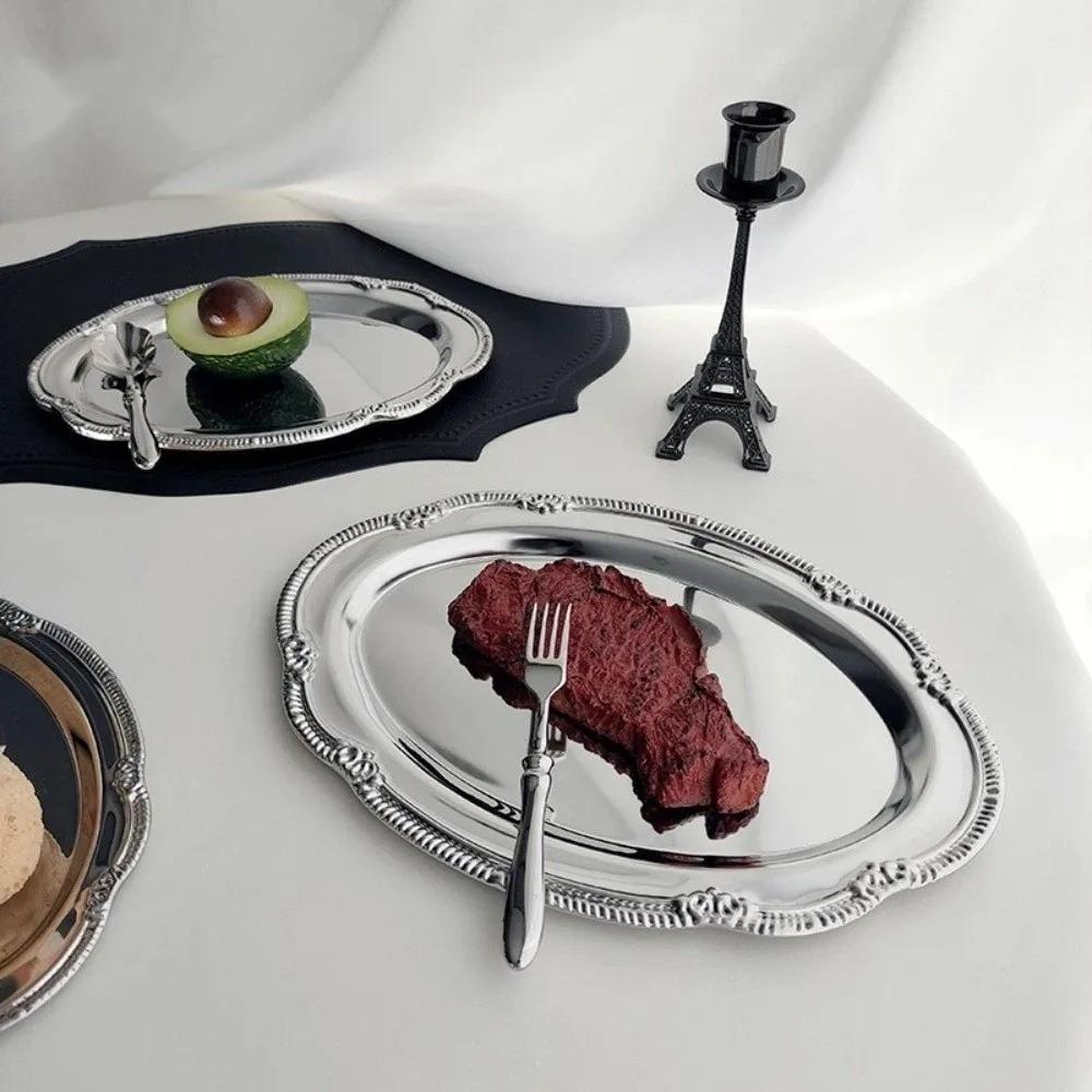 New Embossed Silver Tray Silver Oval Snack Plate Storage Tray Dining Table Decoration