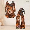 Women Plus Size Two Piece Set Round Neck Three Quarter Sleeve Bear Pumpkin Printed Flared Top And Flared Pants