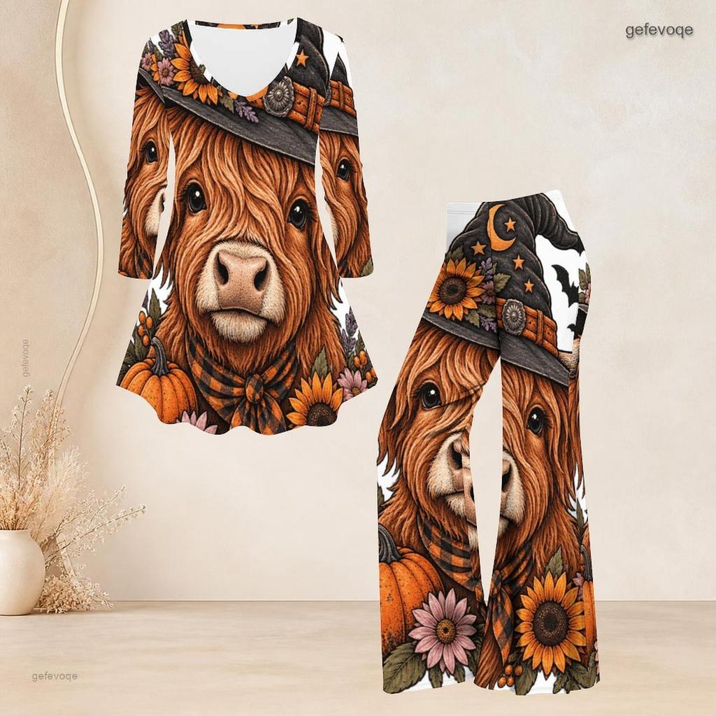 Women Plus Size Two Piece Set Round Neck Three Quarter Sleeve Bear Pumpkin Printed Flared Top And Flared Pants