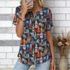 Women Blue Ocean Coconut Palm Beach Print Short Sleeve V Neck Blouse