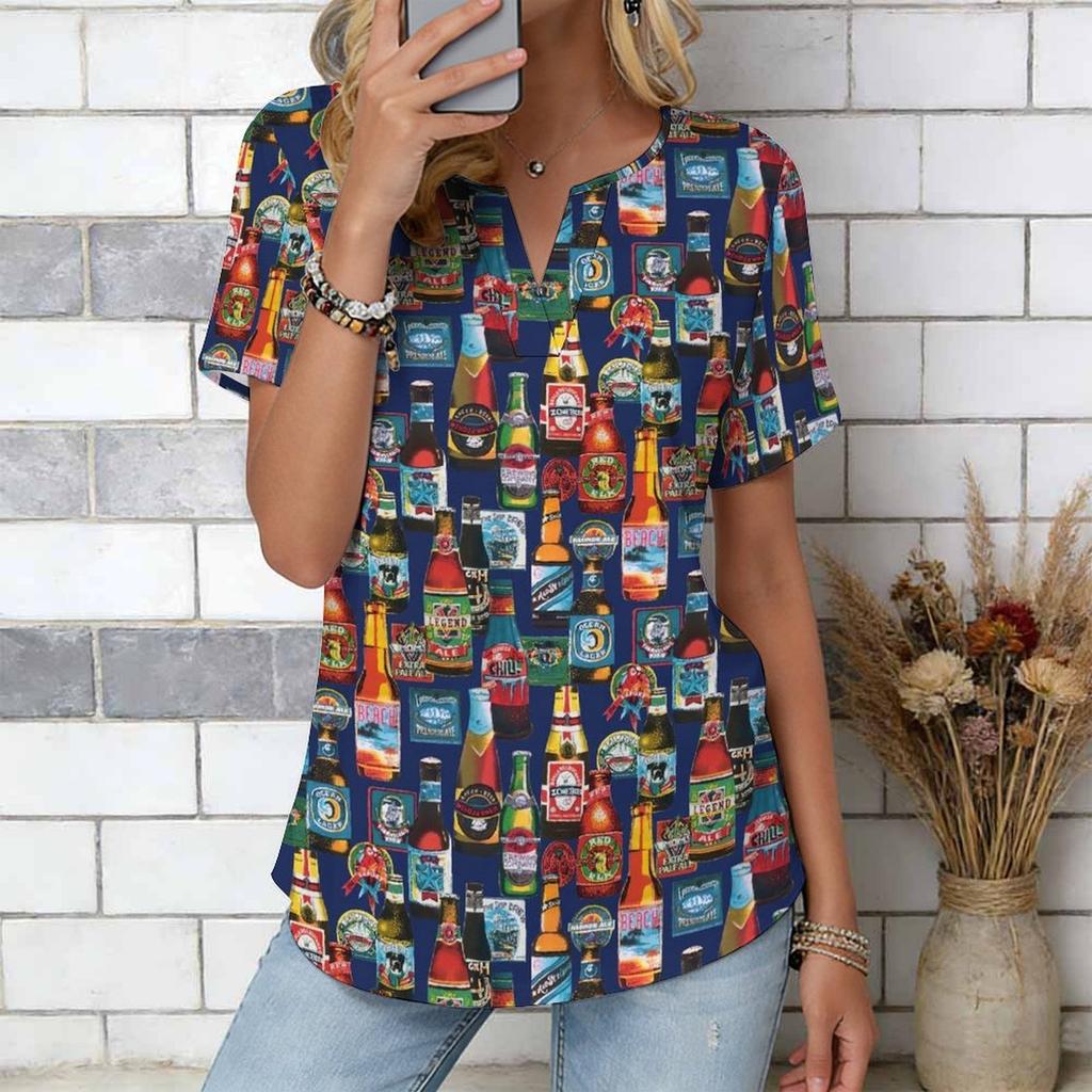 Women Blue Ocean Coconut Palm Beach Print Short Sleeve V Neck Blouse