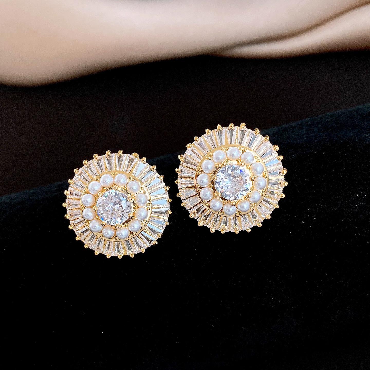 European and American exquisite zircon geometric round pearl stud earrings temperament earrings women