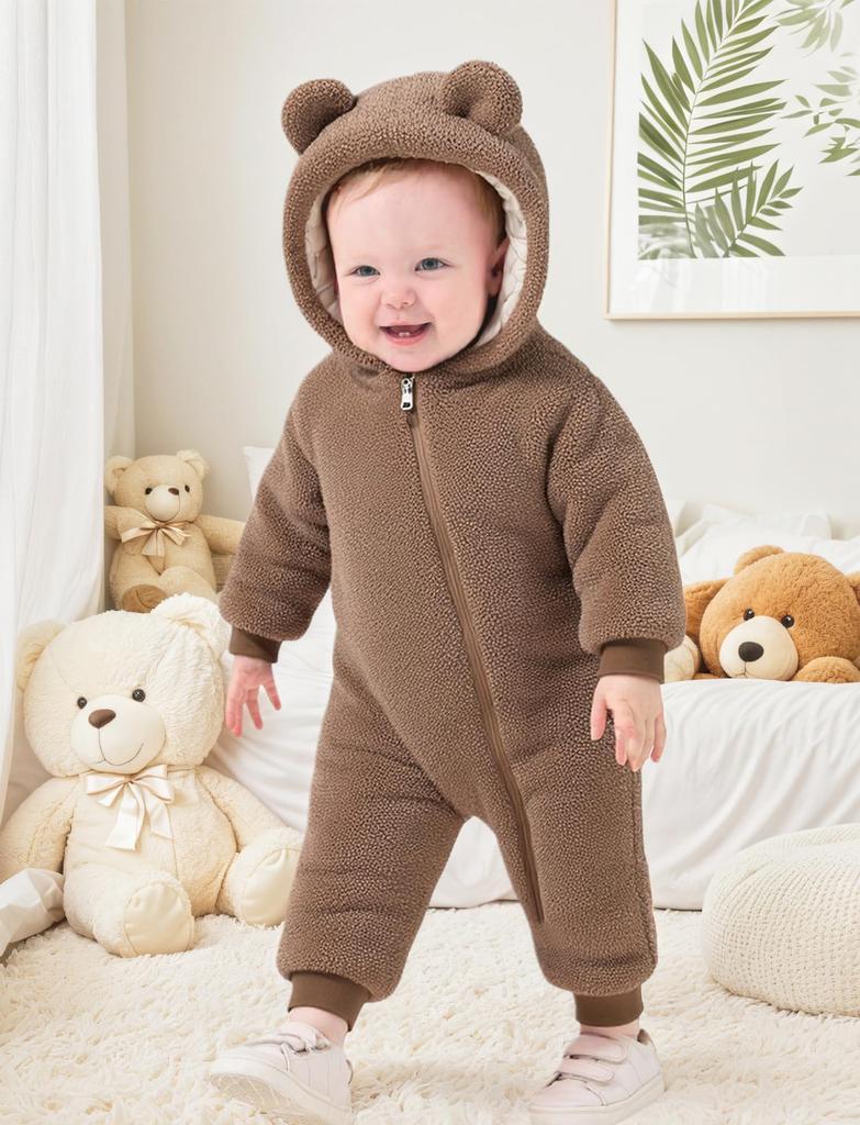 AIEOE Newborn Baby Long Sleeve Down Baby Bear Front Easy Baby Baby Shower Size 90 Jumpsuit, Romper, Hooded, Autumn/Winter, Coverall, Warm,