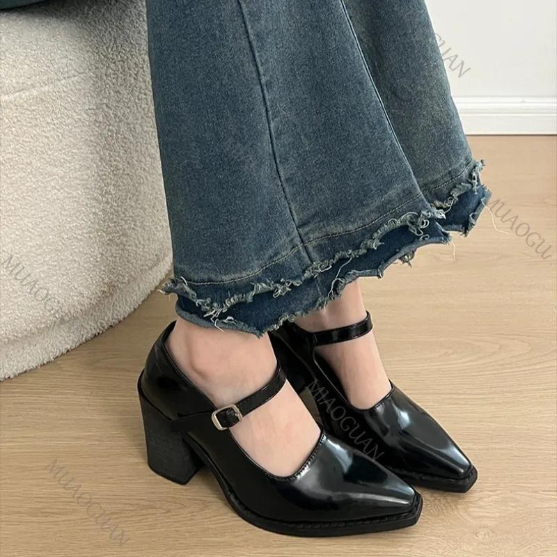 Fashion Black Pointed Thick High Heels Women's Shoes New Spring Retro Mary Jane Shallow Mouth Heels Women Belt Buckle Single Pumps Shoes