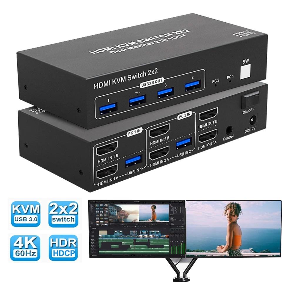 2X2 2 HDMI Port KVM Switch Dual Monitor 4K 60Hz for 2 Ports Extended Display USB 3.0 2-in-2 PC Mouse Keyboard