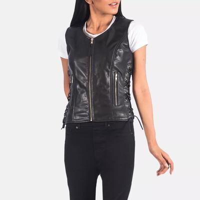 AL KHALID Zip Waist Coat Women Vest Coat Black Lambskin Leather Side Lace Stylish Western