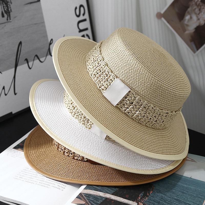 Wide Brim Flat Top Straw Hat Women's Casual Face Small Sun Hat Men's Summer Seaside Beach Sunshade Hat