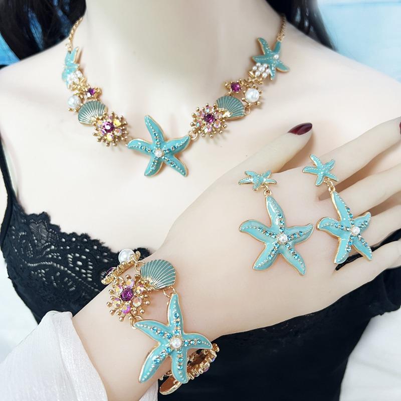 Island style beach starfish vacation four-piece set chain alloy diamond-encrusted bohemian shell jewelry