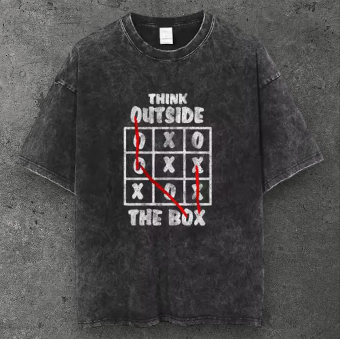 Mens Tic Tac Toe Graphic Cotton T Shirt Washed Black Y2K Streetwear S-3XL