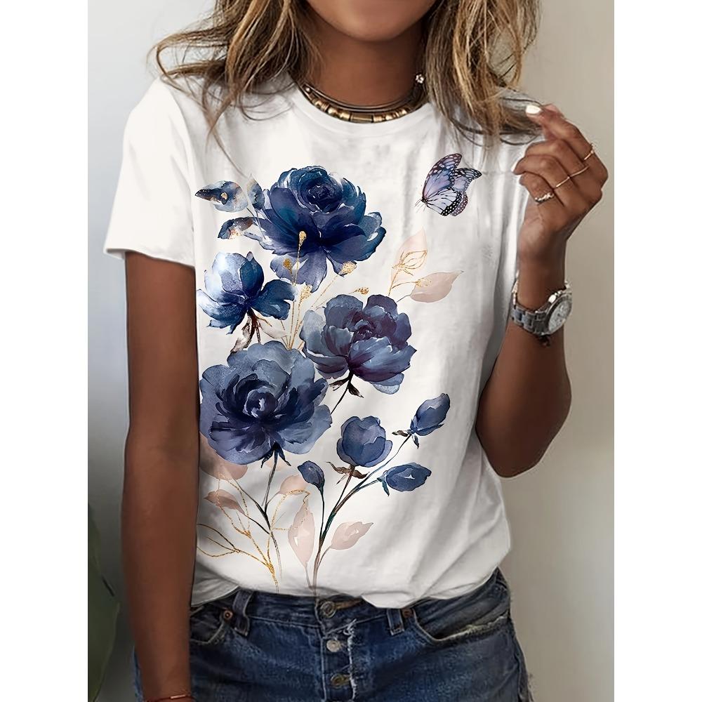 Women's Fashion Oil Floral Pattern Fashion Short Sleeve Round Neck Top Casual