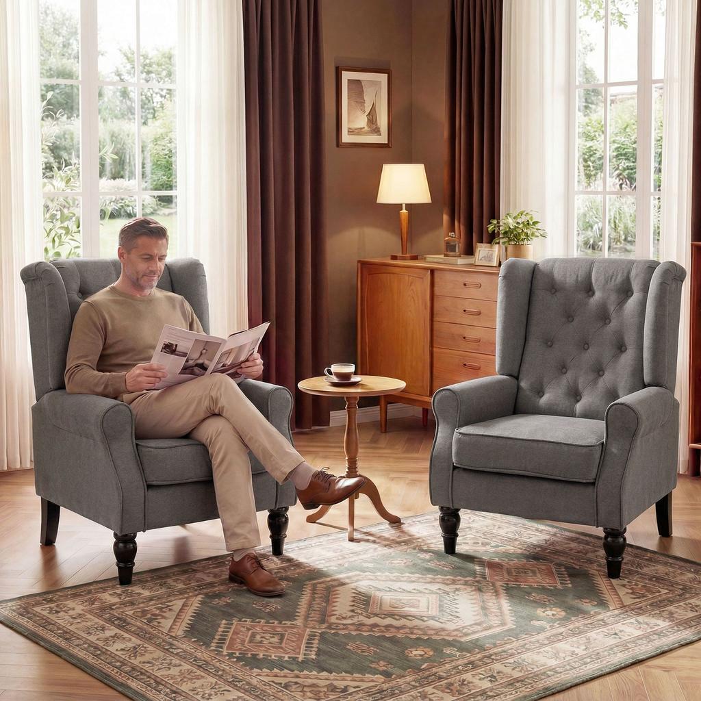 Lounge Chair, Mid-Century Velvet Accent Chair, High Tufted Wingback, Grey