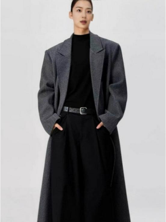 Men's Black Wool Trench Coat - Korean Style, Mid-Length, Over-the-Knee for 2025 Spring/Autumn