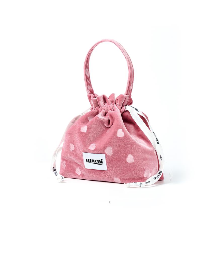 Macni Heart Velvet String Pouch Bag Pink