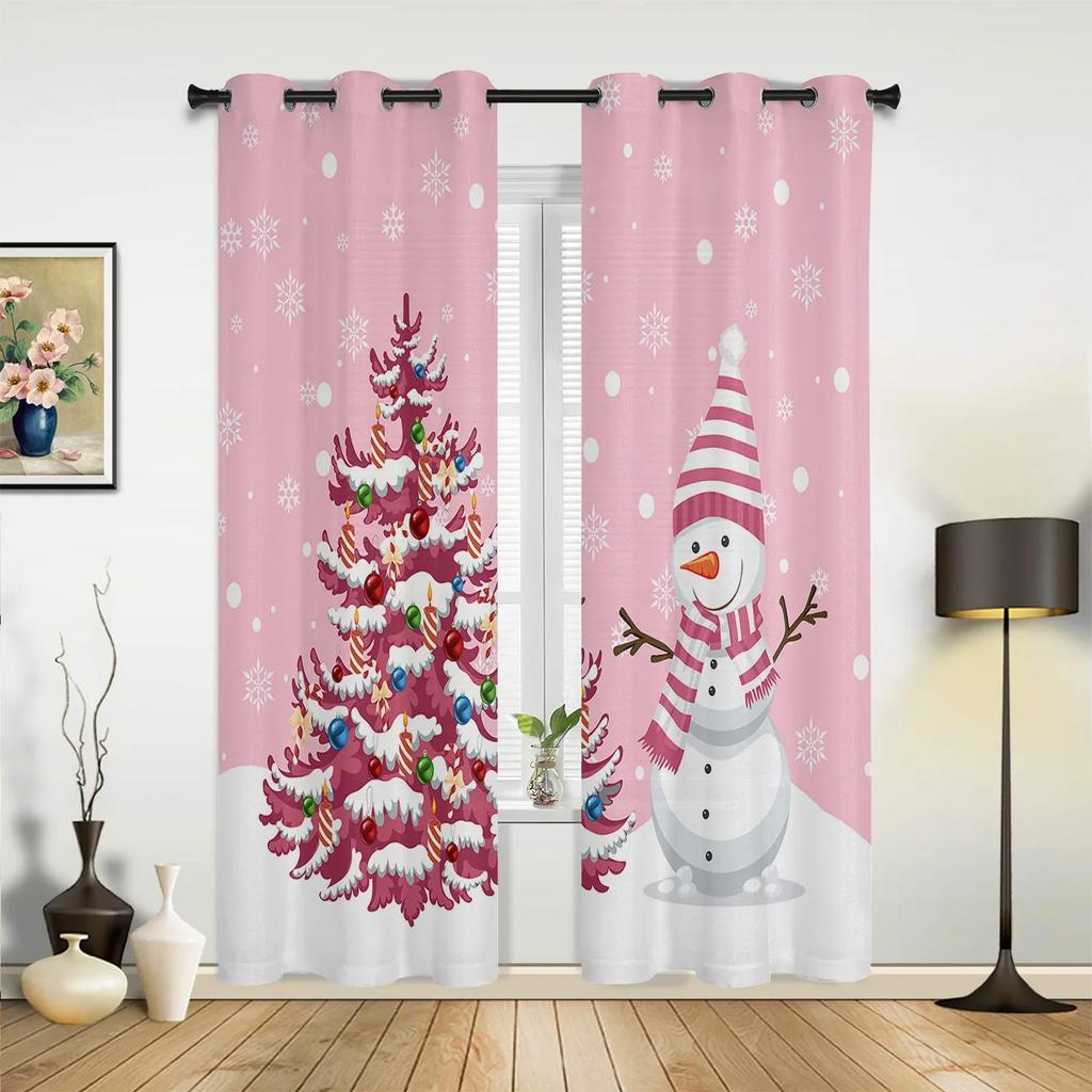 Christmas Tree Snowman Snowflake Pink Window Curtains Decor For Home Bedroom Kitchen Living Room Ornament Xmas Gifts Navidad