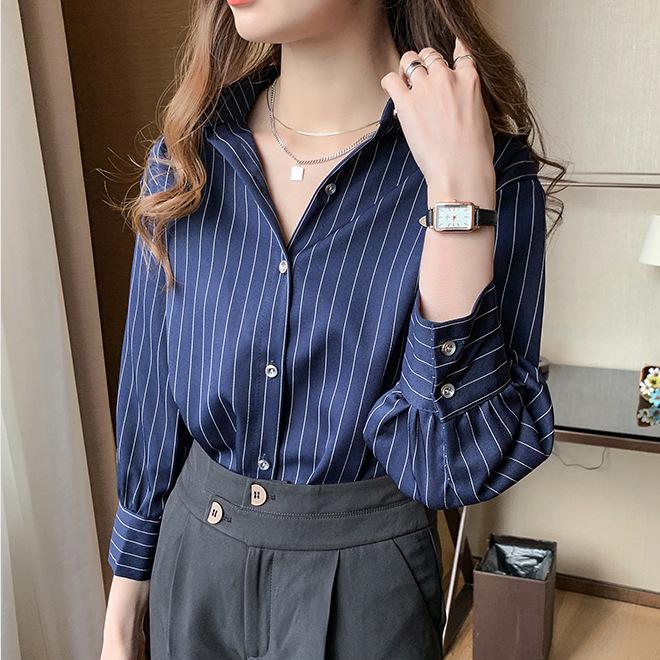 

Корейская ретро полосатая рубашка: Женский винтажный многослойный топ в стиле Гонконга 2025 года для весны/осени M темно-синий