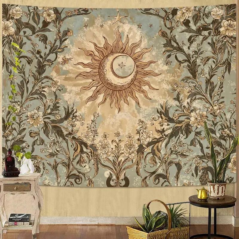 Boho Sun Moon Floral Tapestry, Vintage Celestial Botanical Print Wall Hanging for Bedroom Dorm Living Room Home Decor 100X70CM