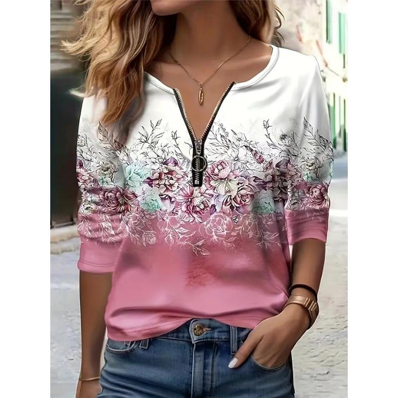 Easter Women's T Shirt Long Sleeve Quarter Zip Long Sleeve Casual Floral Graphic Elegant Vintage Stylish V Neck Regular Tops