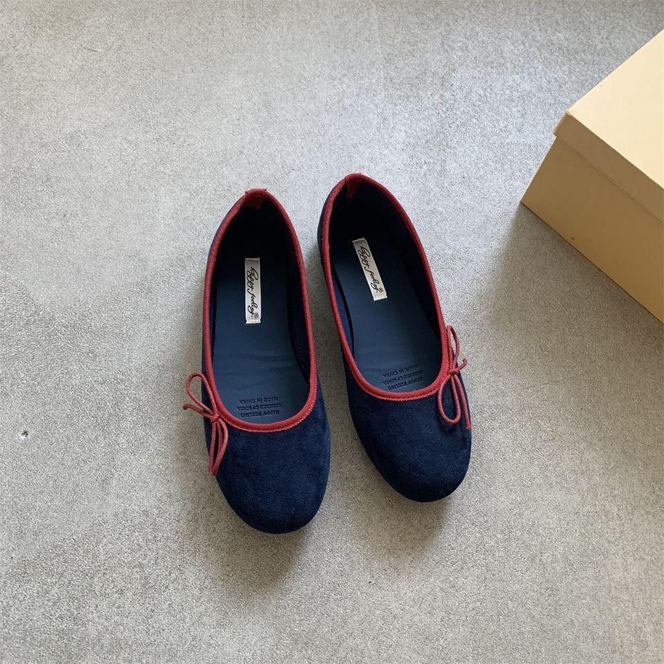 

Нежные балетки нежно-розового цвета 2025 корейская версия замшевый бант круглый носок мелкий вырез мягкая подошва плоские туфли бабушки 40 королевский синий