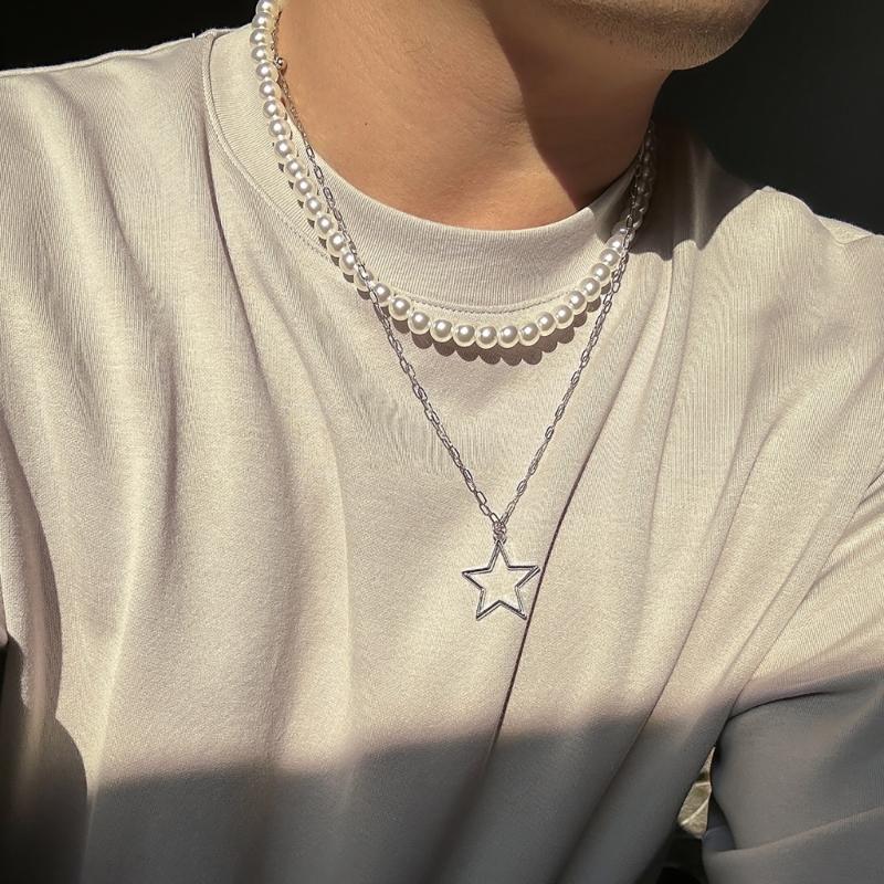 Bolt/Star Pendant Choker Layered Necklace Imitation Pearls Bead Neckchain for Women Girls Fashionable Jewelry Gift