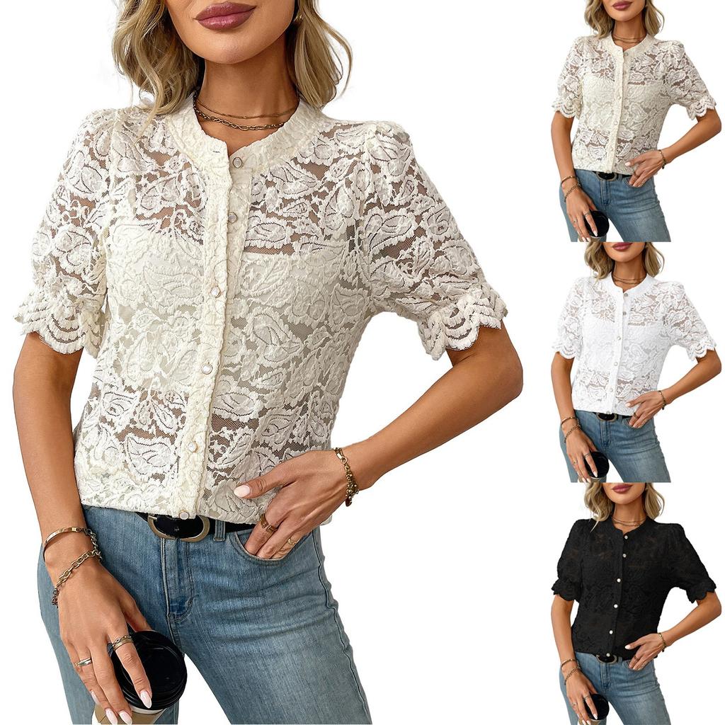 Mote for kvinner Ensfarget Rund hals Blonder Kortermet Casual Knappeskjorte Topp
