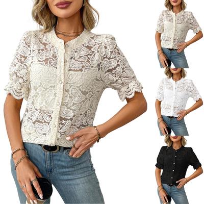 Women's Fashion Color Round Neck Lace Short Sleeved Casual Button Up Shirt Top