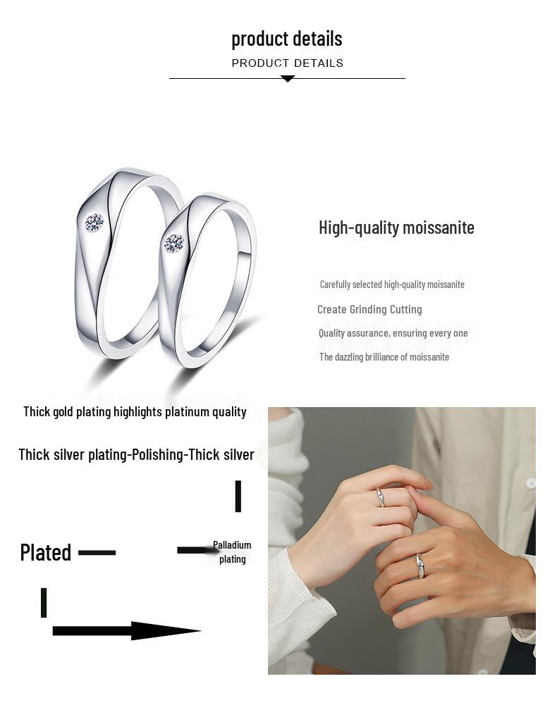 Yin Baichuan S925 Sterling Silver Moissanite Couple Rings - Simple Diamond Band for Valentine's Day or Anniversary Gift