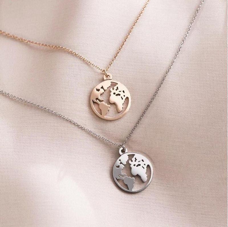 QYRY Silver Premium Stainless Steel Link Chain Europe & America World Map Pendant Necklace for Women Gift