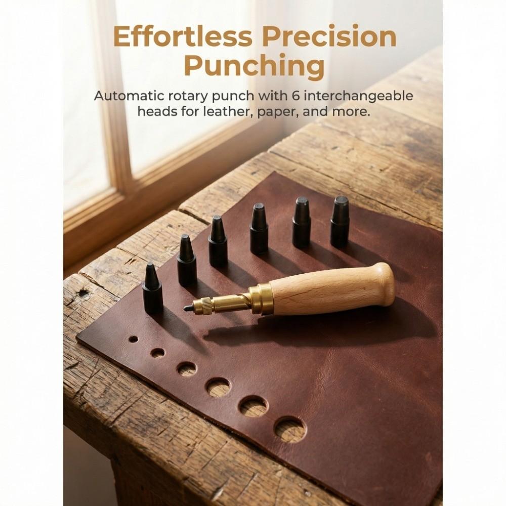 Wooden Handle Belt Hole Puncher 6 Tips Size Automatic Punching Tool Screw Punch  Wristband