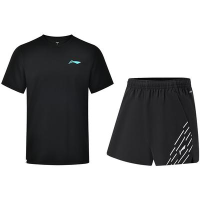 Solid Color Thin Short Sleeve Striped Print Shorts Casual Sports Set Unisex Sets Black AHST347-1+AAPU045-1