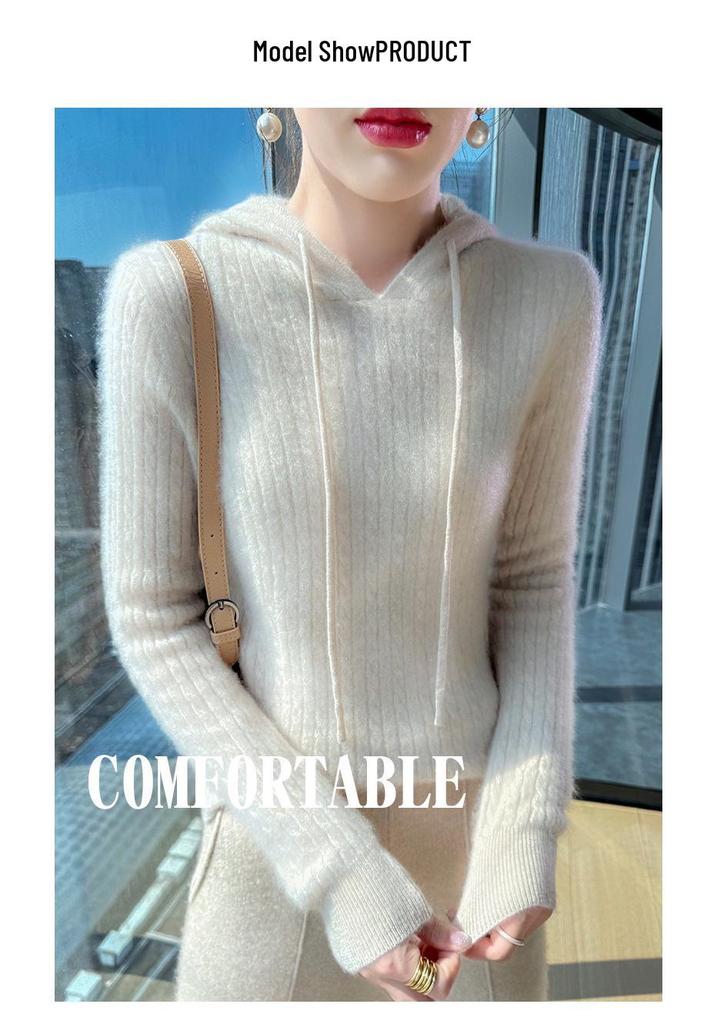 Women's 100% Pure Wool Cable Knit Hoodie Sweater - Autumn/Winter Collection.