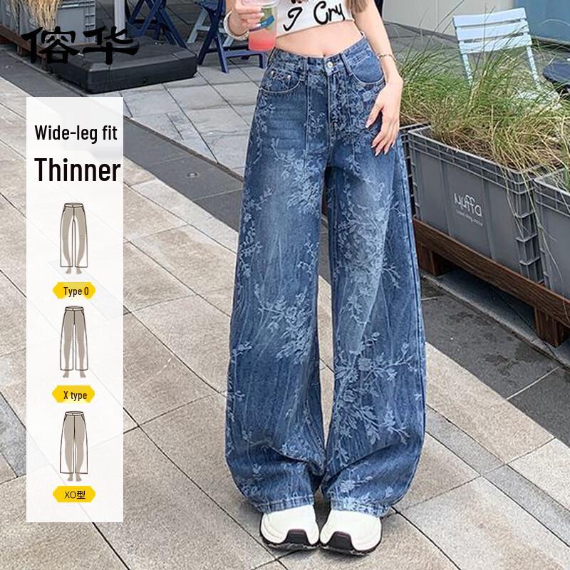 

Женские джинсы широкие от бедра с цветочным принтом, голубые L