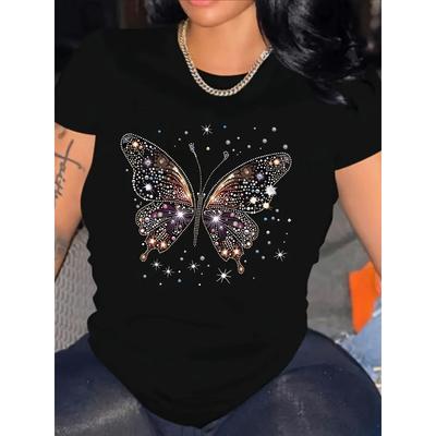 T-shirt da Donna Lavabile in Lavatrice Vestibilità Regolare per Abbigliamento Casual Moda Stagionale, Stampa Farfalla, Materiale Morbido, Blusa aderente, Stile Casual