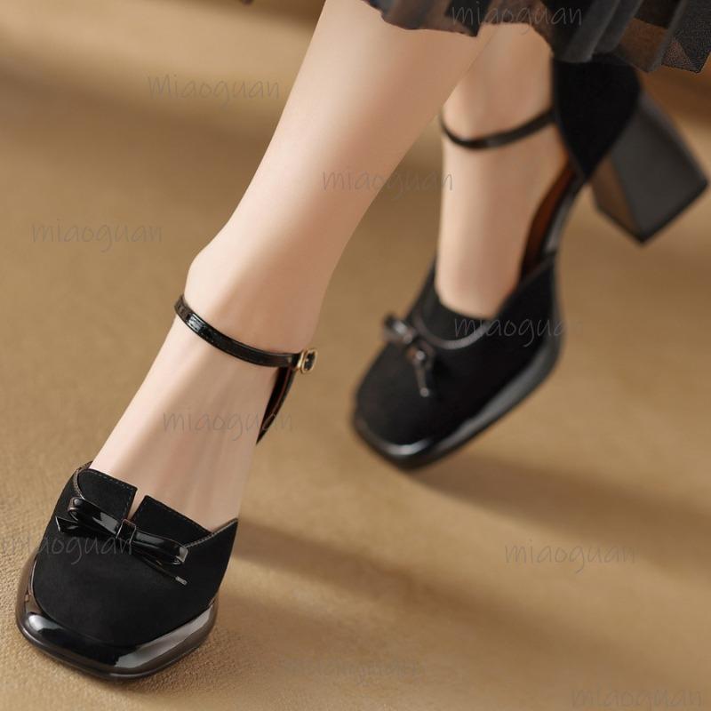 Fashion Fashion Sandals Summer New Suede Shallow Bow Single Shoes Woman's Square Toe Thick High Heel Pumps Elegant Zapatos De Mujer
