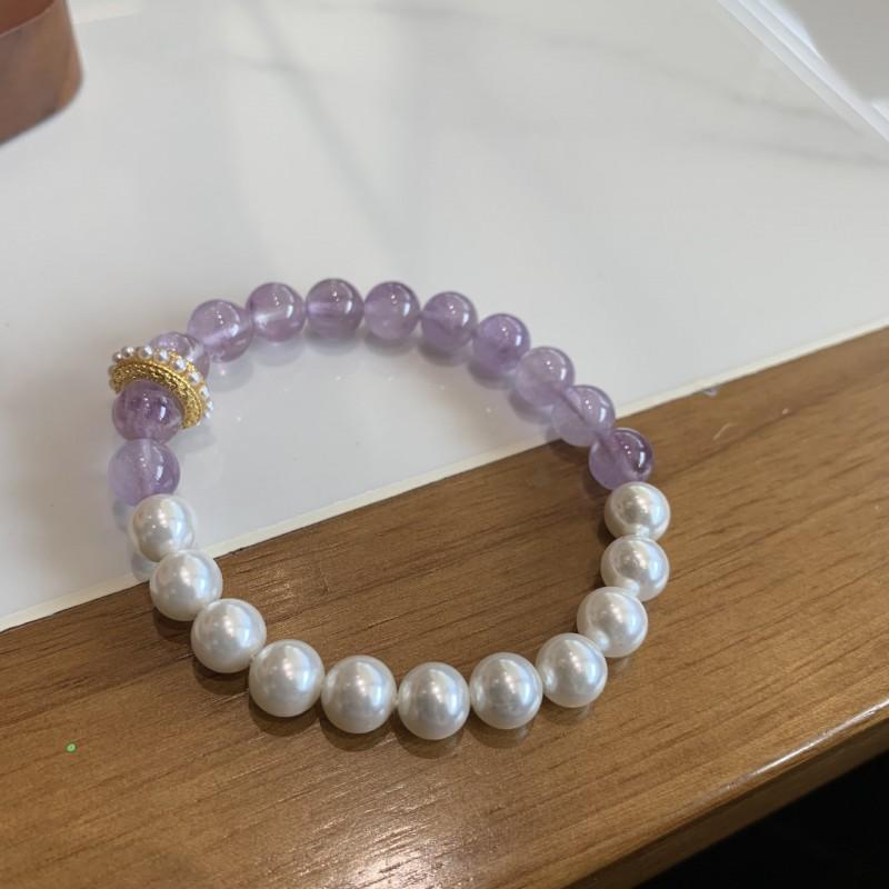 Natural Crystal Bracelet With Amethyst Citrine Beads Minimalist Double-Color Design Handmade Adjustable Ring Slider