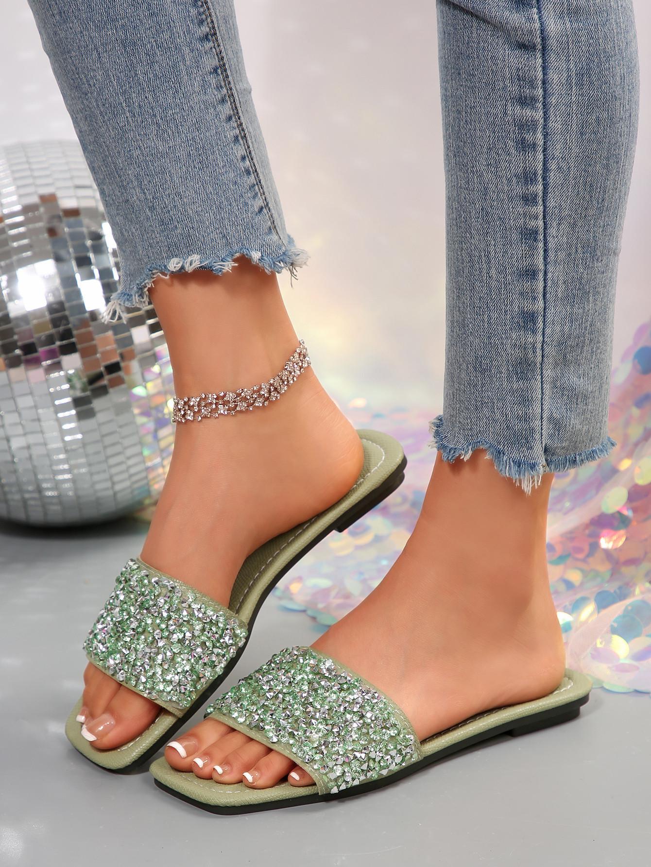 

[Foreign Trade] Open-toed rhinestone slippers women s new cross-strap one-word drag versatile high-heeled sandals 43 зелёный