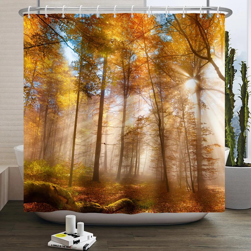 Fall Forest Natural Scene Shower Curtain for Bathroom Autumn Maple Tree Plants Rural Landscape Pumpkin Waterproof Shower Curtain