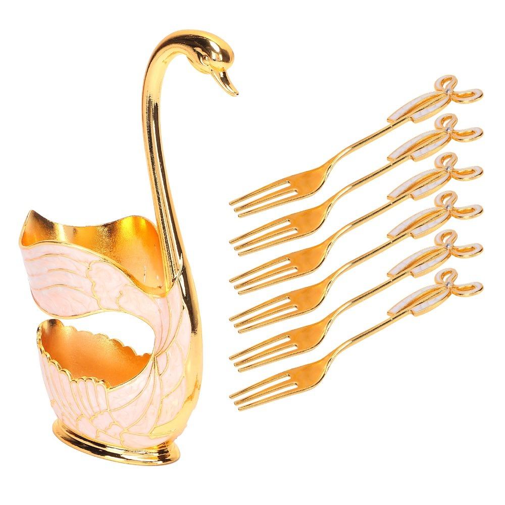 7pcs Zinc Alloy Dessert Spoon Set Swan Base Holder Fruit Spoon Set Spoon Fork Set  For Fruit A