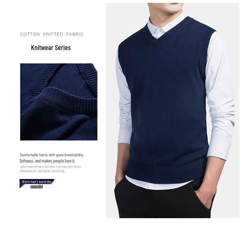 Men's Solid V-Neck Wool Knit Vest - Sleeveless Pullover for Spring and Autumn