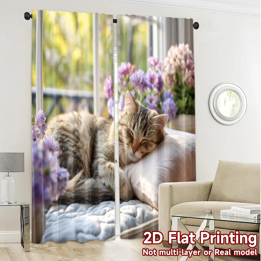 Set Of 2 Modern Flat Printing Curtains Without Rod Cozy Cat Dreams Prints Curtain With Sheer Polyester