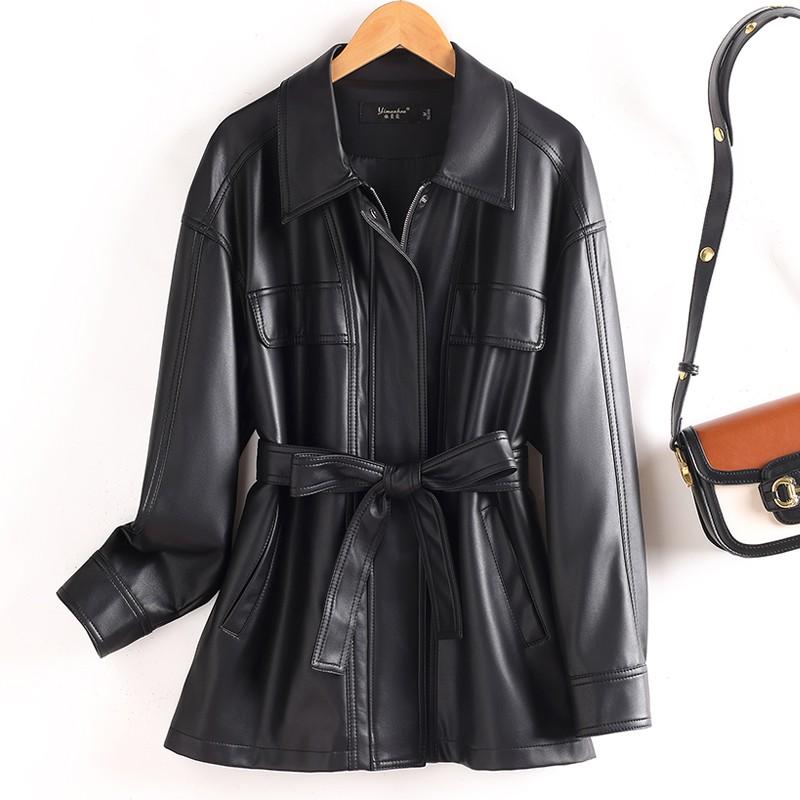 Womens 2026 Sheep Leather Trench Coat Lapel Belted Plus Size Jacket