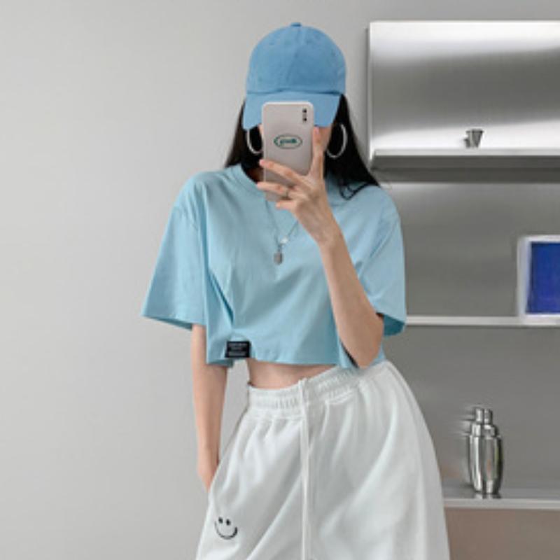 

Летняя женская футболка с короткими рукавами, свободные тонкие короткие топы с открытым пупком One Size небесно-голубой