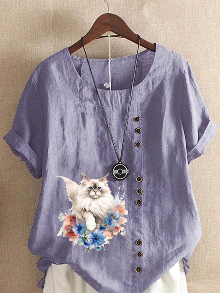 Women's Fashion Cute Cat Print Round Neck Short Sleeve T-shirt Summer Casual Cotton Linen Graphic Shirt Leisure Loose Blouse Tops