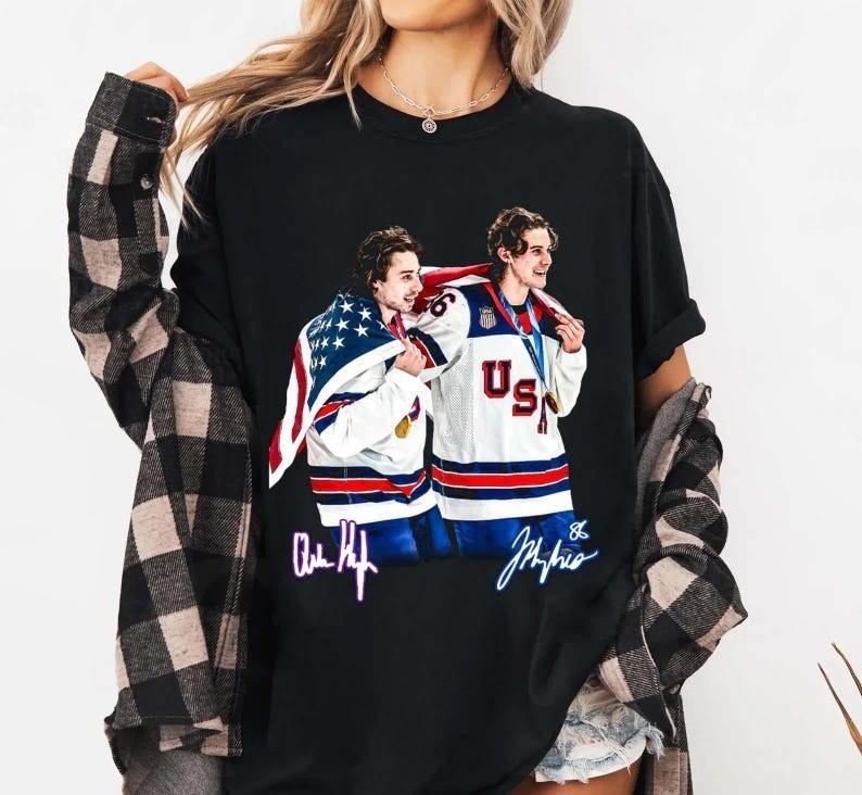 USA Gold Medal Hockey Champion Jack Hughes Quinn Hughes T-Shirt S
