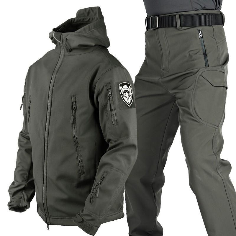 Direct Sales Sharkskin Soft Shell Suit Outdoor Velvet Thick Clothes Wear-resistant Camouflage Assault Pants 4XL серый